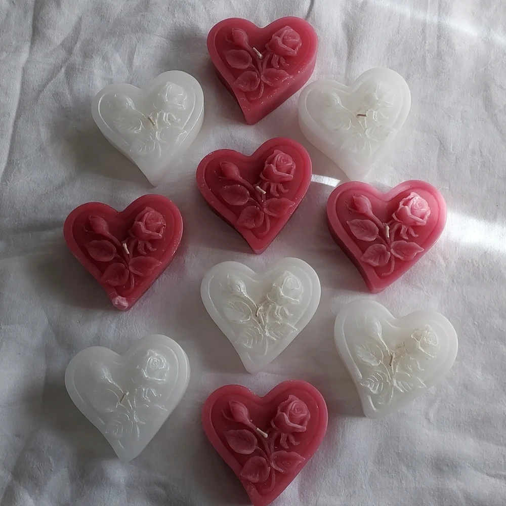 10pc. Candles Pink & White Heart Shape with Rose Design